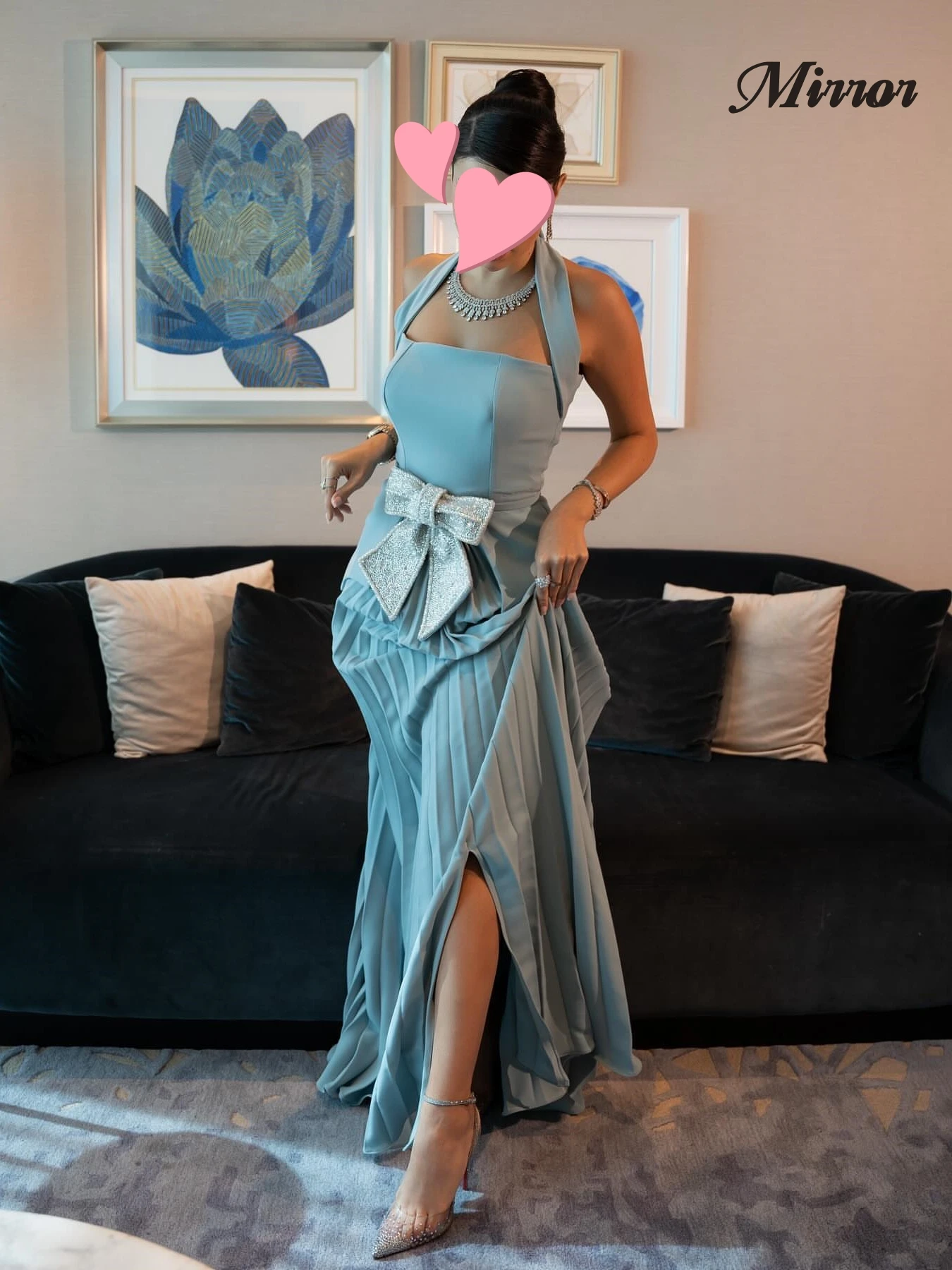 

Mirror Dress Elegant Vintage Sweet Blue Bow Ruffle A-Line Backless Customize Formal Occasion Prom Dress Evening Party Gowns
