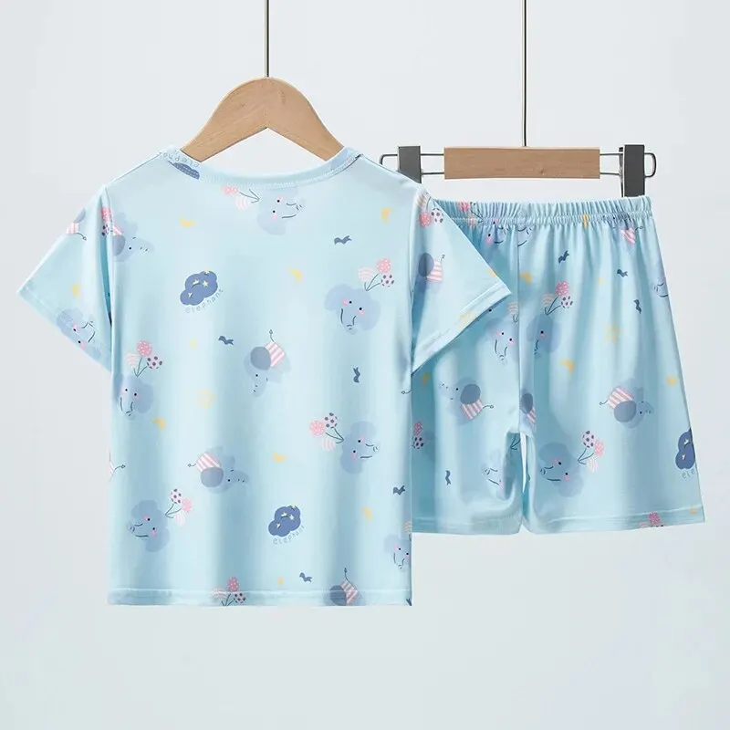 Summer CHILDREN'S Clothing Short Sleeve Shorts 2-piece Suit for Boys and Girls Comfortable Wild Blue Elephant Suit.