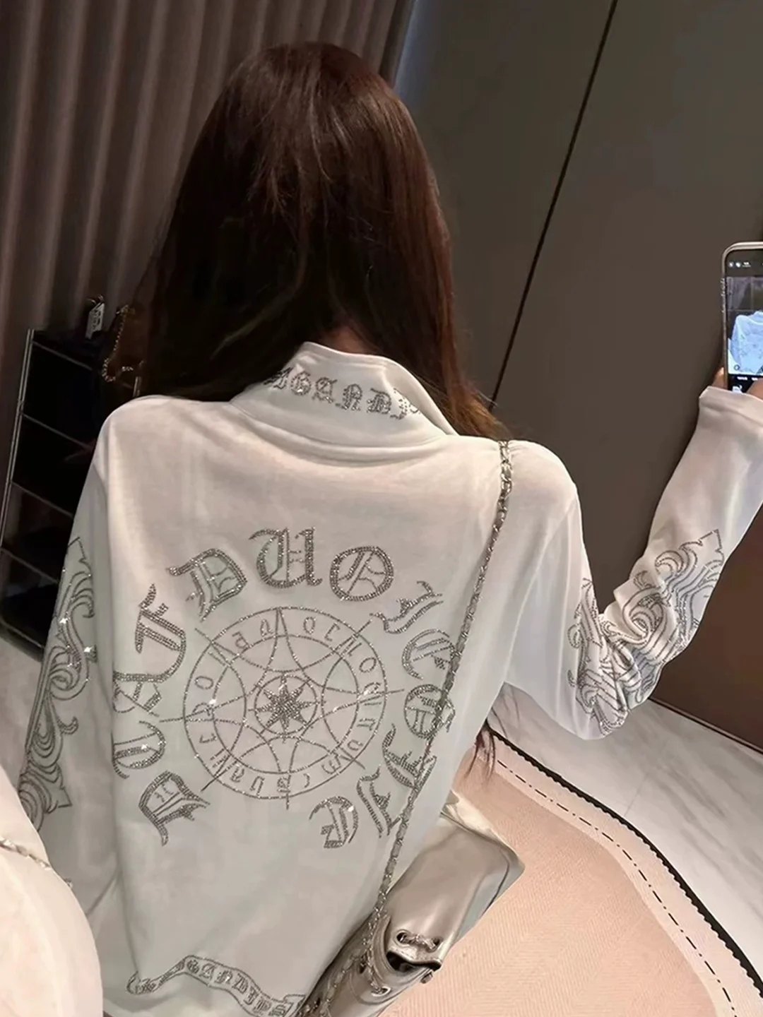 Fashionable Summer Women's Sun Protection Shirt Diamond Embellished Stand Collar Lightweight Breathable Design Geometric Pattern