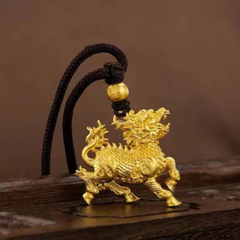 

24K Pure Gold Fire Qilin Pendant Necklace AU999 Real Gold Lucky Amulet For Men Women Couple Feng Shui Protection Jewelry