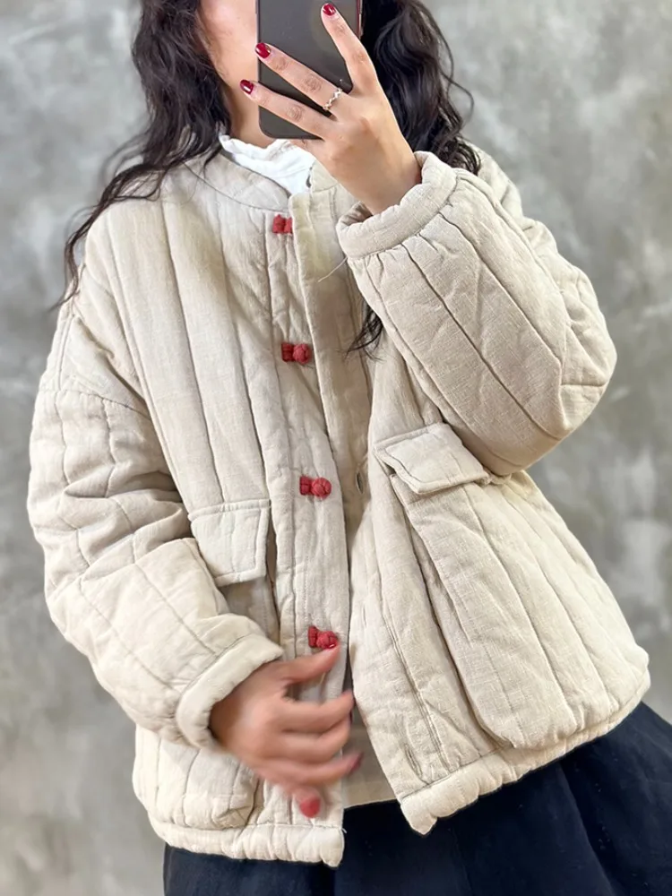 

Китайское хлопковое жакетное женское зимнее облегающее пальто с четырьками, теплая верхняя одежда, повседневная винтажная свободная посадка
