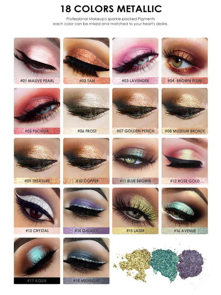 FOCALLURE Glitter Eyeshadow 18 Colors Diamond Eye Glitter Powder Waterpoof Makeup Eye Shadow Crystal Shiny Cosmetics For Women