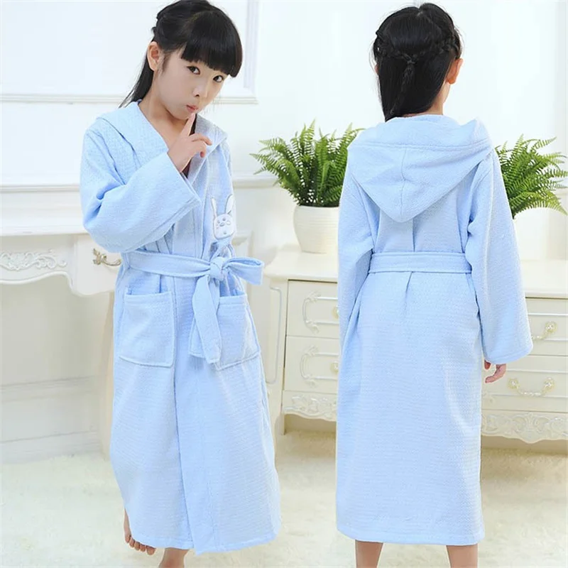 Wholesale Blue Pink White Long Sleeve Waffle Bath Robe Sleepwear Kids Children Hooded Bathrobe Summer Children Bathrobe