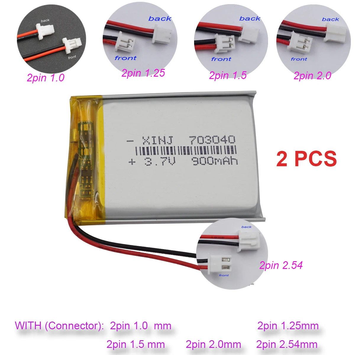 

2pcs 3.7V 900mAh 3.33Wh Rechargeable Li-Polymer Li Battery 703040 JST 2Pin 1.0/1.25/1.5/2.0/2.54mm For GPS Bluetooth Speaker