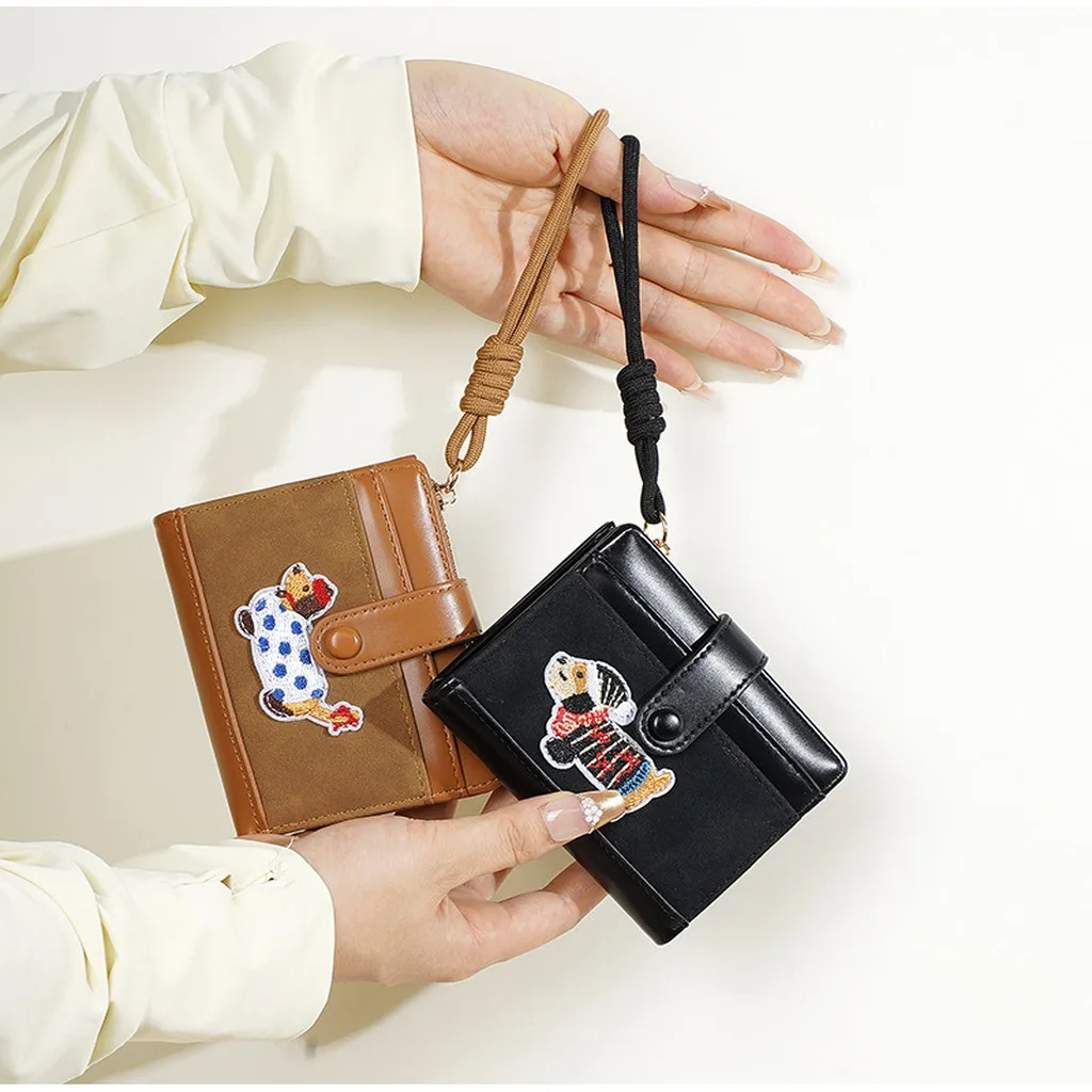 2026 New Women's Short Wallets Puppy Embroidery Coin Purse Female Cute PU Leather Wallets Card Holder Fashion Design Card Bag