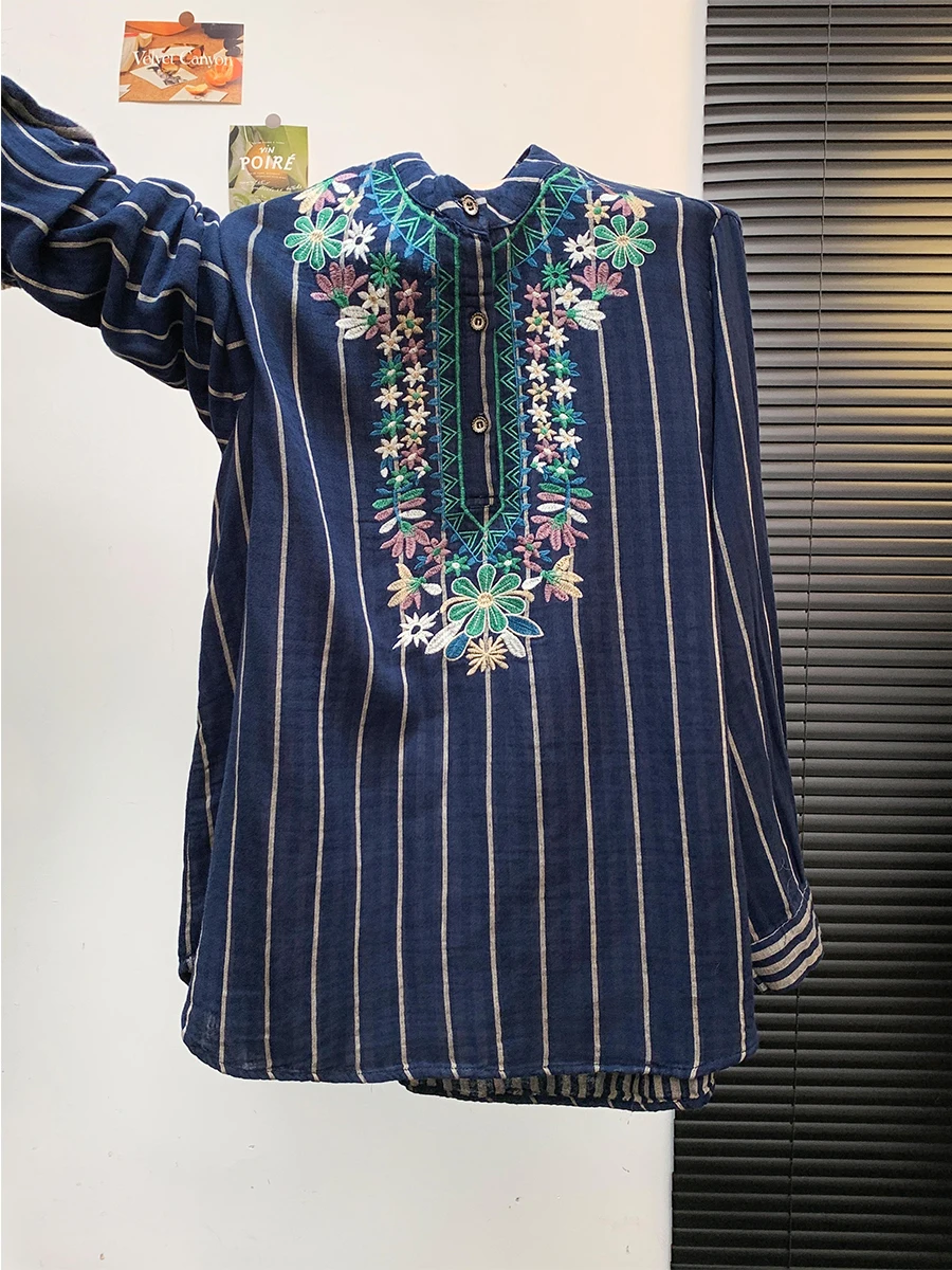 

Женский льняной топ с этнической вышивкой в стиле ретро, весенняя мода, свободный базовый слой в полоску, верхняя одежда, верхняя одежда