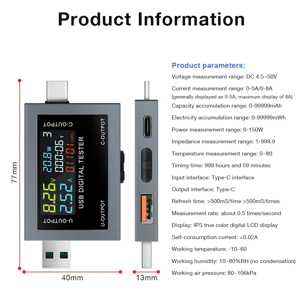 USB Type-C Charging Tester DC 4.5-50V 0-8A Multi-function Digital Display Voltmeter Ammeter Power Meter Charge Capacity Tester view 6