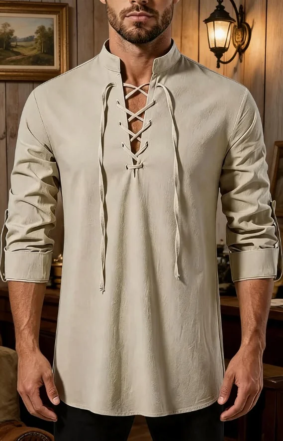 Men Retro Medieval V‑Neck Tie‑Front Long‑Sleeve Shirt, Adjustable Cuffs, Viking Pirate Halloween LARP Cosplay Top for Daily Wear