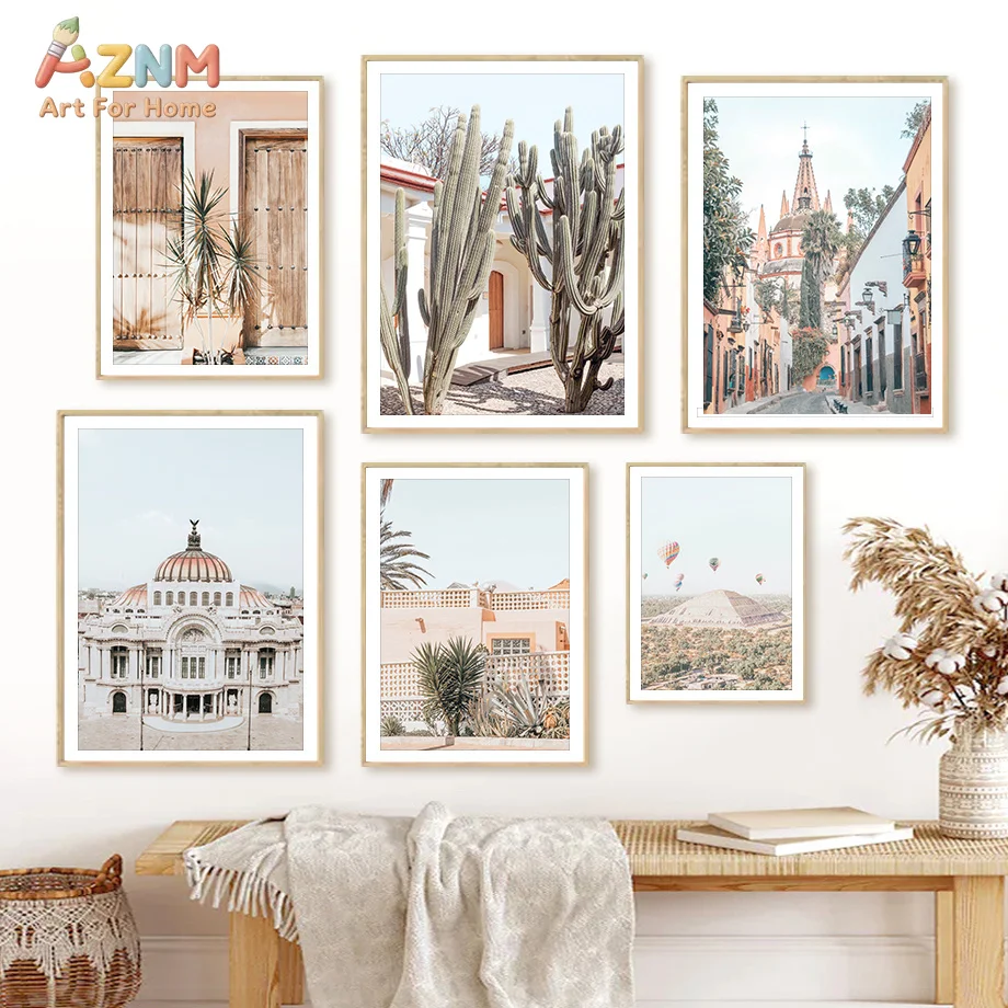 AZNM Boho Mexican City Landscape Canvas Wall Art Neutral Cactus Colonial Architecture Hot Air Balloon Travel Scenery Unframed Ca
