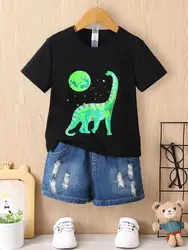 Cartoon Dinosaur And Planet Print, Boy's Round Neck Casual Short Sleeve T-shirt Comfortable Soft Versatile Top