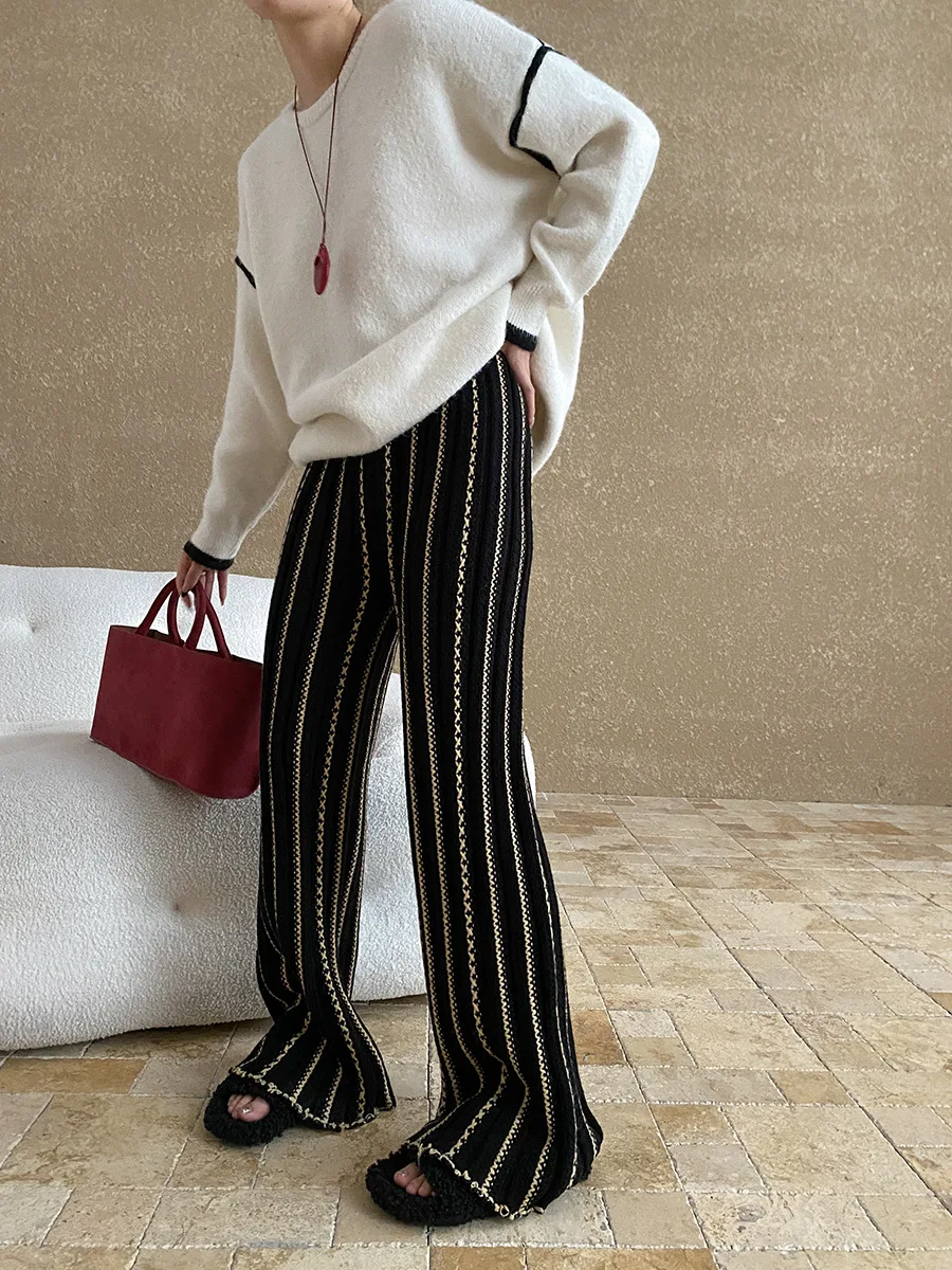 Spring and Autumn Women's Casual Striped High Waist Loose Wide Leg Pants