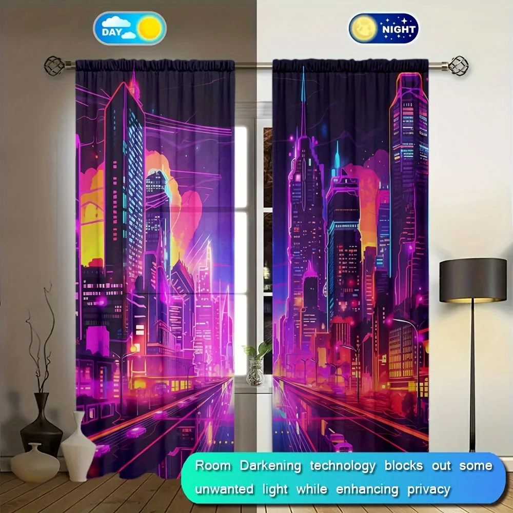 Aesthetic Cyberpunk Neon Cityscape Curtains Blackout Drapes Modern Futuristic Pop Art Home Decor Window Coverings