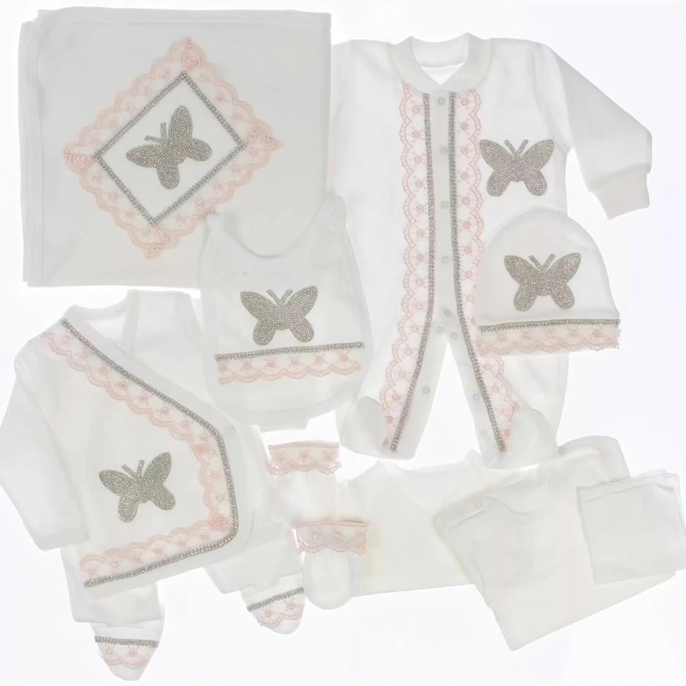 Taking me Home Pearly Crown Jewlery Angle Wings Romper Onsie Set Luxury 10pcs Bling Butterfly Newborn Blanket Bedding Gift Set