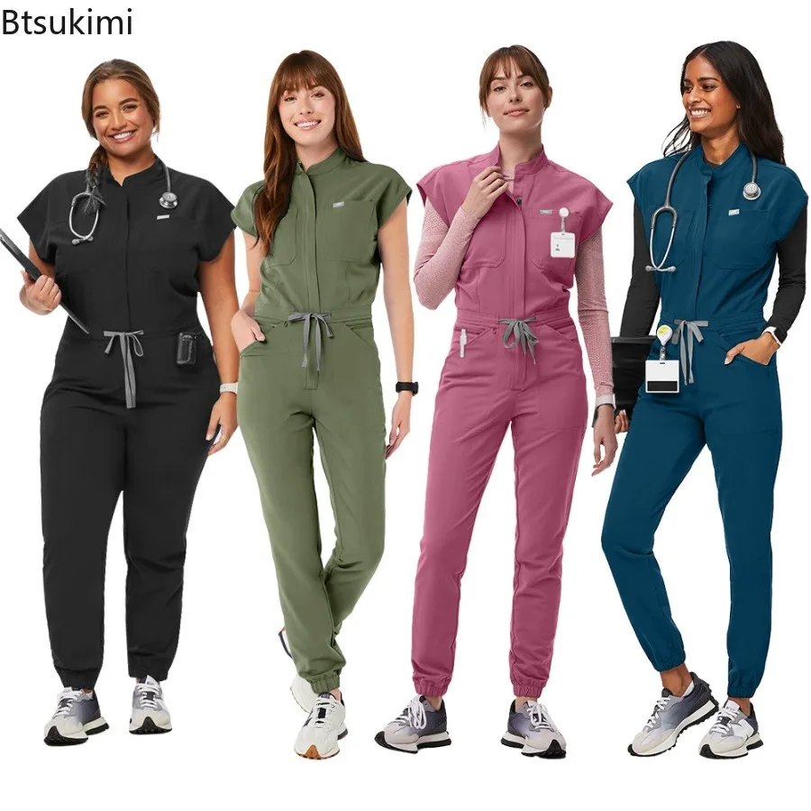 Fashion Zipper Jumpsuit Medical Uniform Health Service Nursing Romper Pet Grooming Nurse Uniform Onesie Short Sleeved Workwear
