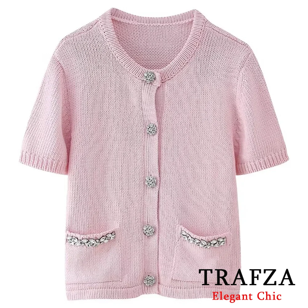 

TRAFZA Elegant Casual Plain Knit Short Sleeve Cardigan Women's Sweet Shirt with Rhinestones New 2024 Spring Fasion Pink Cardigan