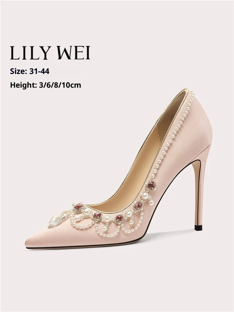 

Stiletto high heels spring new pointed silk color rhinestone beaded tassel single shoes banquet large size small size women shoe