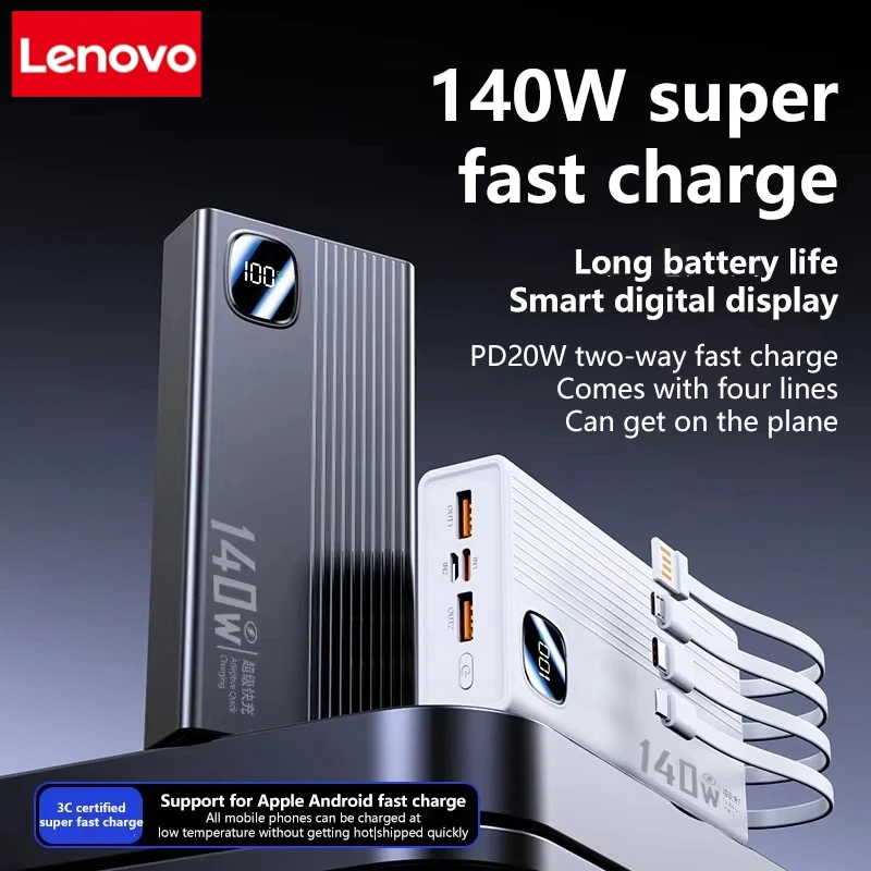 Lenovo 140W 200000mAh 4 in1 Cables Power Bank Super Fast Charging Large Capacity Intelligent Digital Display Light For Phoness