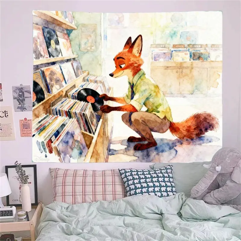 1PC Aesthetic Fox Vinyl Lover Polyester Tapestry, Watercolor Record Store Wall Art Retro Music Room Decor Gift.