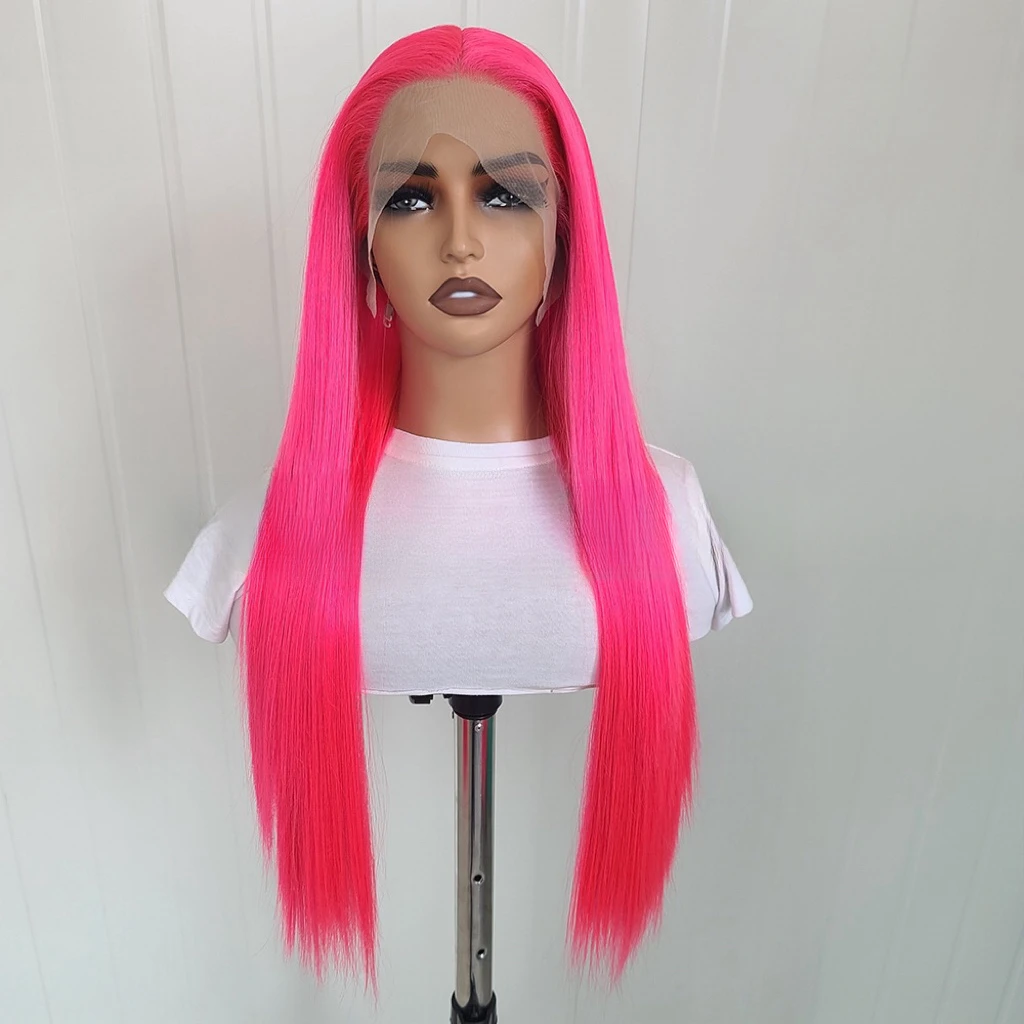 Hot Pink Wig Long Straight Synthetic Lace Front Wig Glueless Frontal Colored Rose Red Hair Lace Wigs for Women Party Cosplay