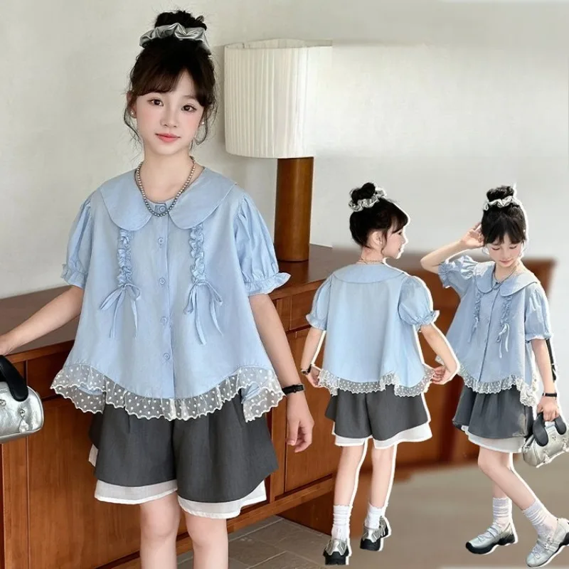 

Girls Short-Sleeve Clothing Set Summer Children's Peter Pan Collar Lace Shirt + Casual Shorts Two-Piece Set 2025 New