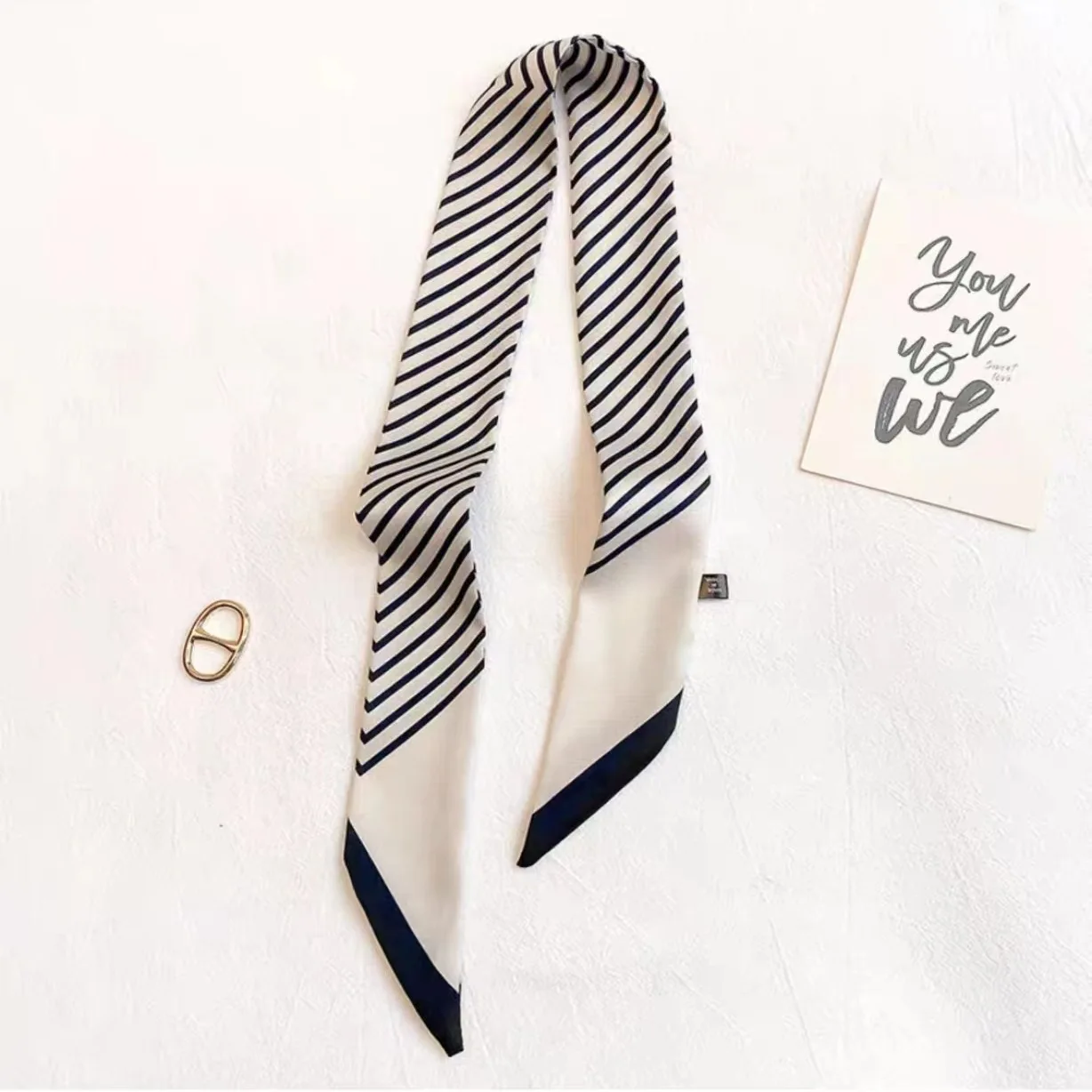 

2025 New Women Print Narrow Scarves Striped Flower Ribbon Scarf Fashion Bag Handle Wraps 7*100cm Silk Feeling Hair Band Neck Tie