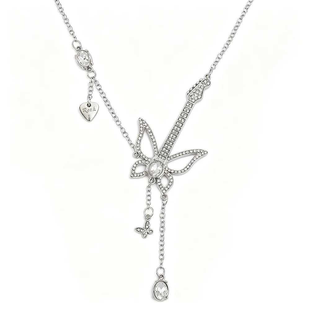 Collar con colgante de mariposa estilo Y2K Punk para guitarra eléctrica, cadena de lariat con diamantes de imitación brillantes y dije de corazón rockero, joyería para el cuello
