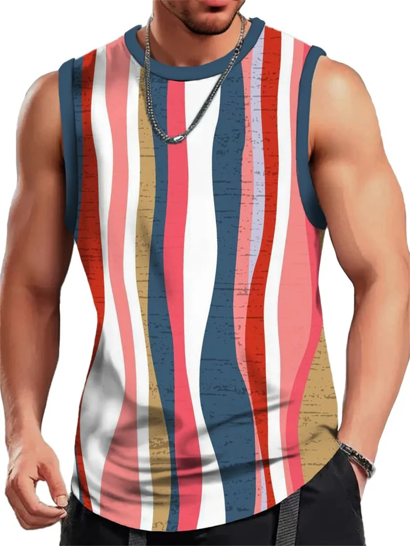 Mens Vintage Stripe 3D Printed Tank Tops Fashion Summer Sleeveless Casual Sports Vest Loose Quick Dry Breathable Tees Clothes image 3