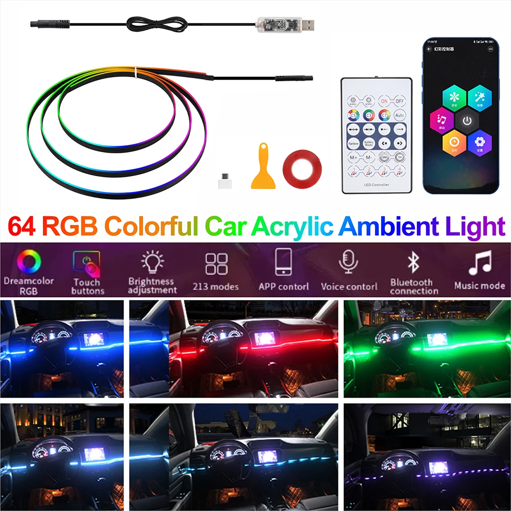 5V USB WS2812 Acrylic LED Car Atmosphere Light Strip APP Bluetooth Control RGB Symphony Flowing Ambient Lamp 110/140CM For Tesla
