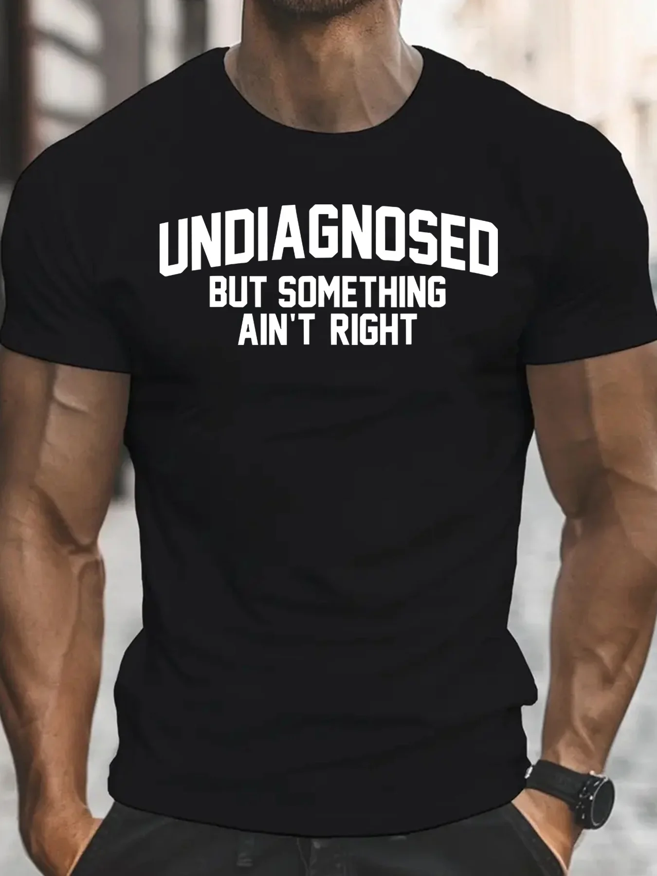 

Men's "Undiagnosed But Something's Wrong" Pattern T-Shirt - Black with White Letters, Casual Short=