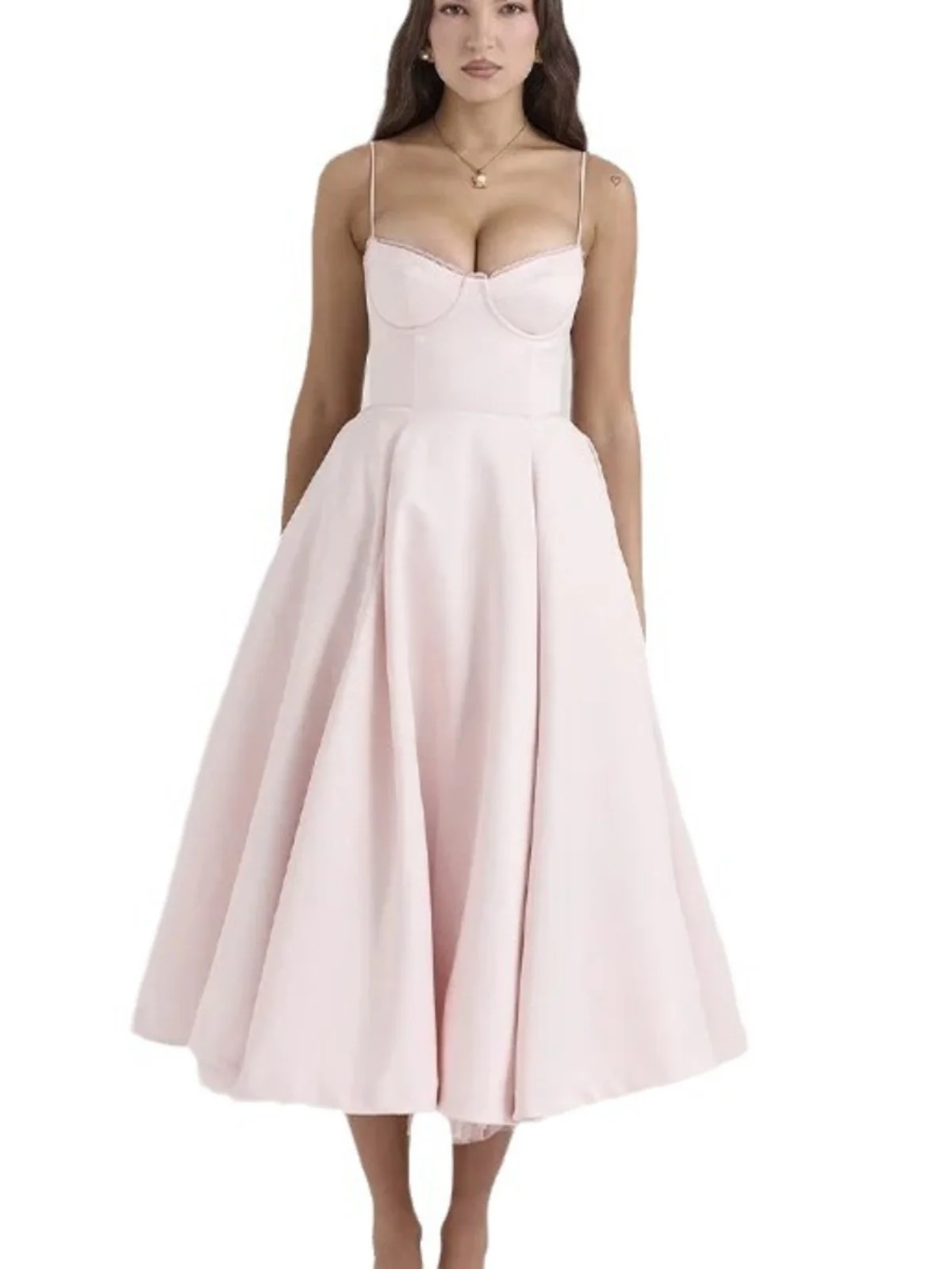 Vestido Sexy Slim de Renda com Alças Duplas Camadas Fresco e Doce Cintura Alta em Poliéster Longo Sem Mangas para Verão e Out...