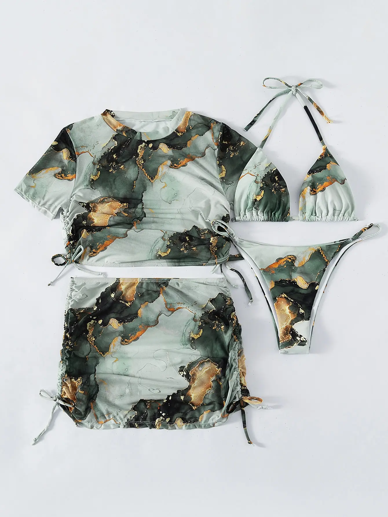 4-teiliger Neckholder-Bikini-Badeanzug mit Marmordruck, Vertuschung, 2025, Bademode, weibliche Strandmode, Badeanzug für Damen, Sommer