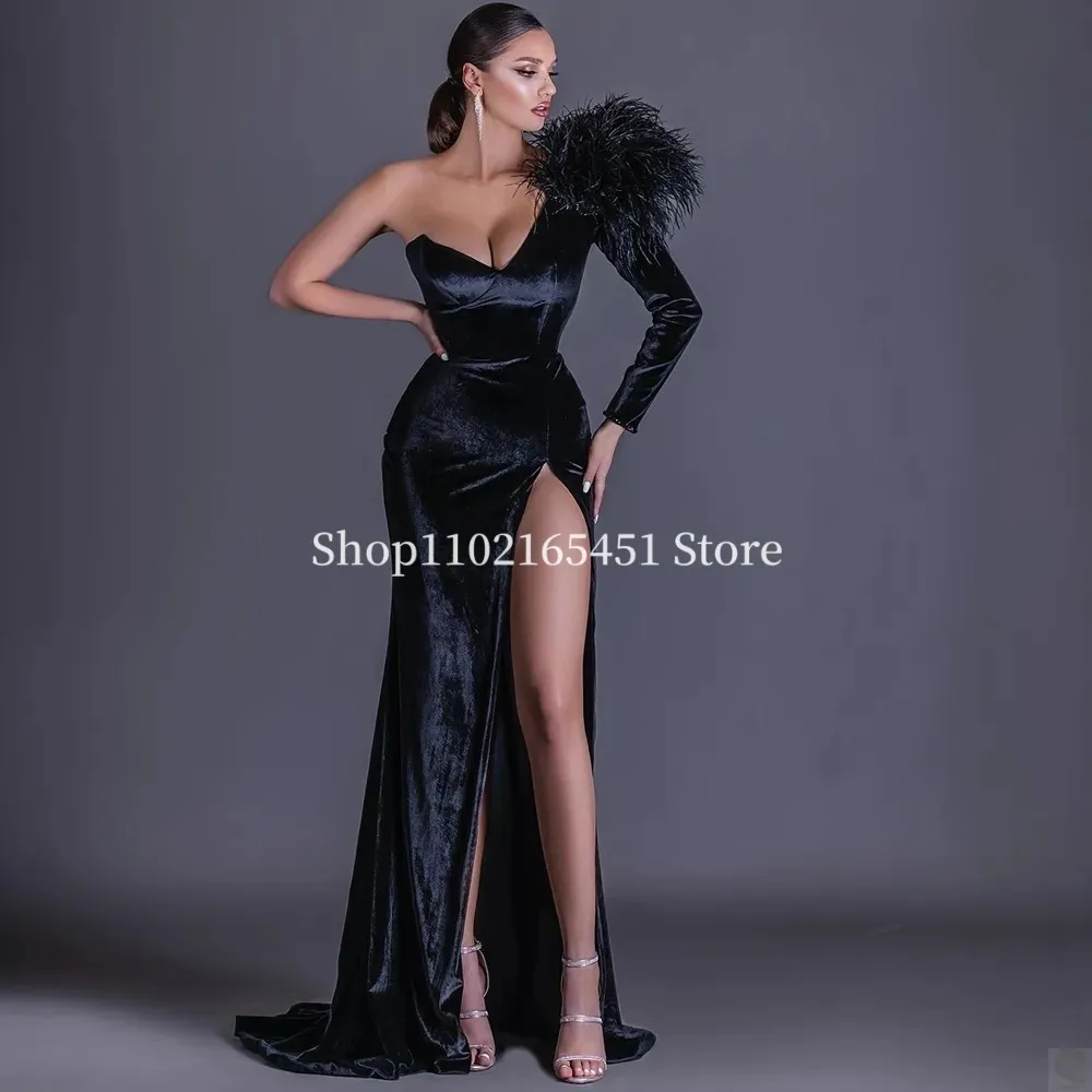 Black Velvet Prom Dresses Feather One Shoulder Long Sleeve High Thigh Split Tailor Made Formal Evening Gowns Customized