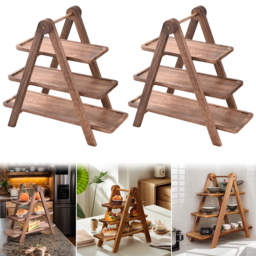 

2Pcs Wooden Serving Platter 3 Tier Serving Tray Multi-Function Rectangular Serving Stand Food Serving Rack for Wedding Party