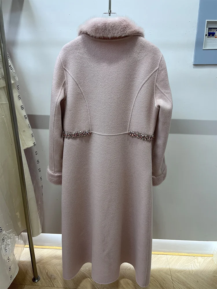 2025 Real Fur Coat Winter Jacket Women Natural Mink Fur Collar Cuffs Cashmere Wool Woolen Ladies Outerwear Streetwear