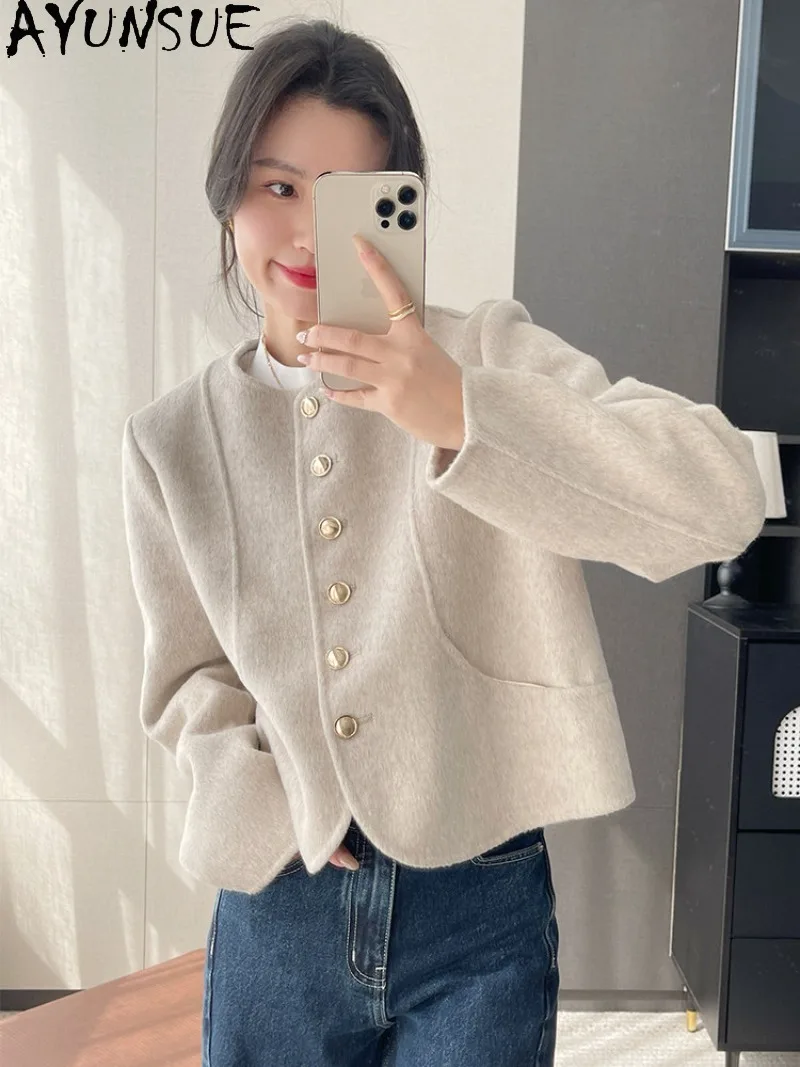AYUNSUE Women'S Double-faced Wool Coat Short Loose Fit Clothing Ladies Autumn Winter Clothes Light Luxury Woolen Overcoat New