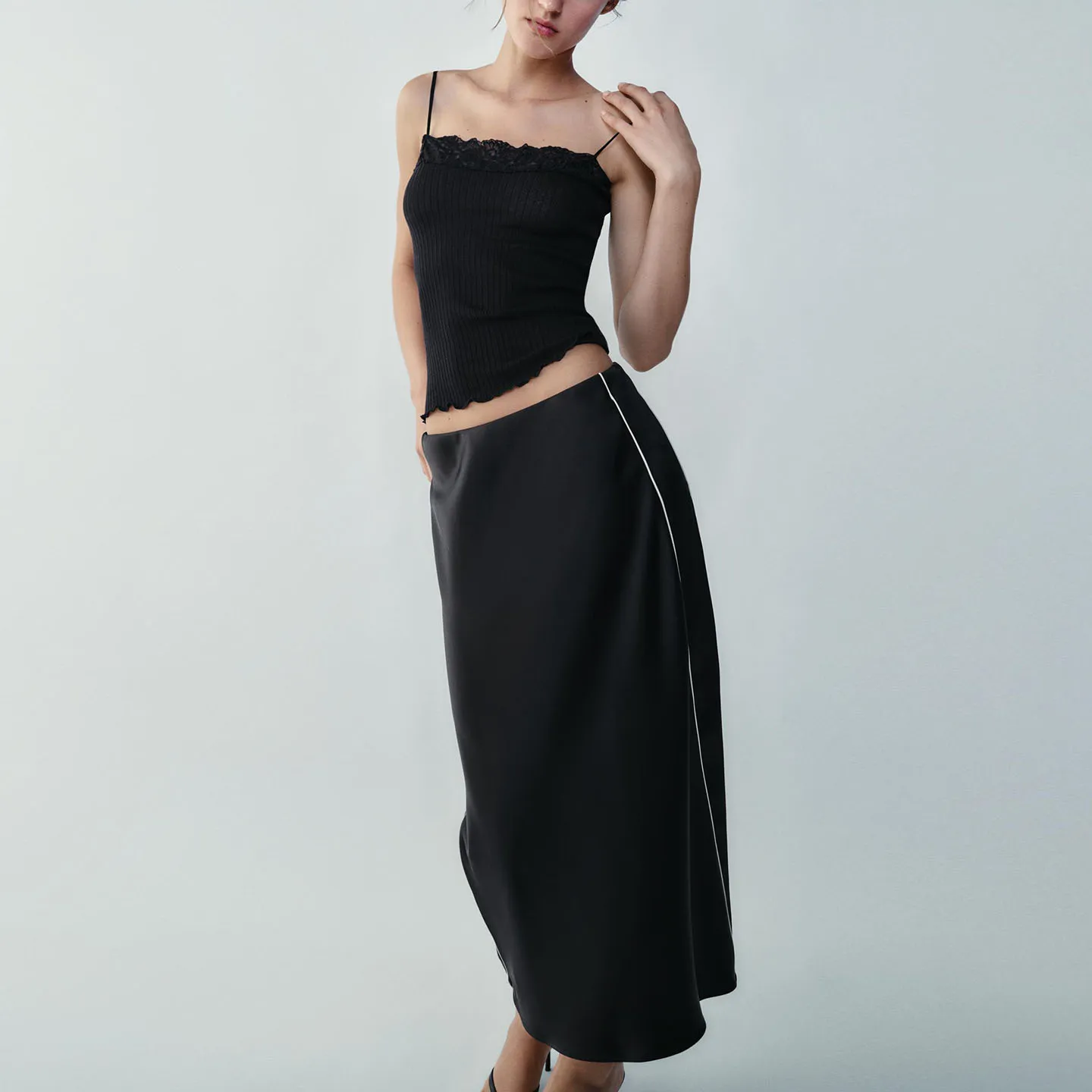 Fashionable Midi Skirt Women's Autumn Wear Color Block Trim Texture Contrast Elegant A-Line Skirt Standard Fit Zadata Brand