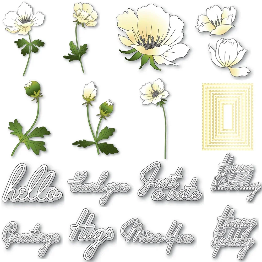 Blühende Anemonen- und Magnolien-Blumen Stanzformen-Set Frühlings-Grüße Schriftzug-Wörter Ausstanzformen für DIY Papierkarten-Herstellung 2024 Neu