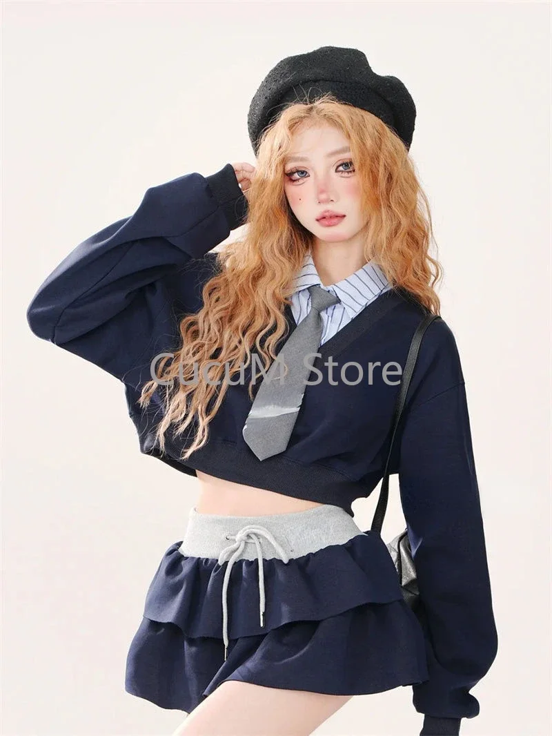 2024 New American Vintage 2-częściowy zestaw E-girls Patchwork Y2k Sweatershirt Tops + Sweet Fashion Mini Skirt Hoodie Women Design