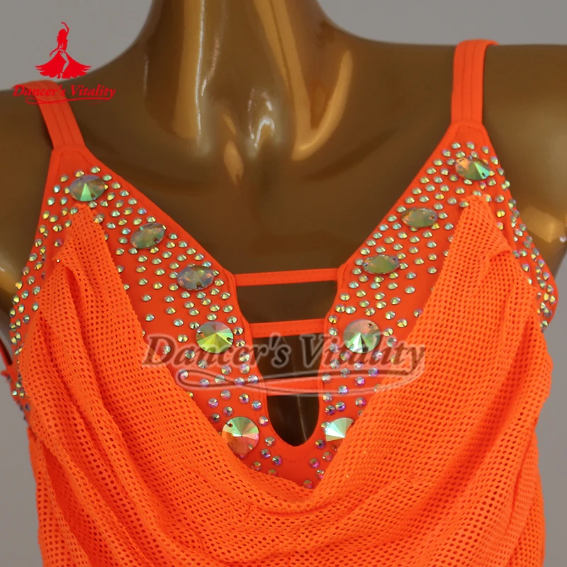 Latin Dance Orange Sleeveless Backless Chest Pads Can Be Dismantle Slip Dress Adult Chacha Samba Performance Outfit Customize - Image 4