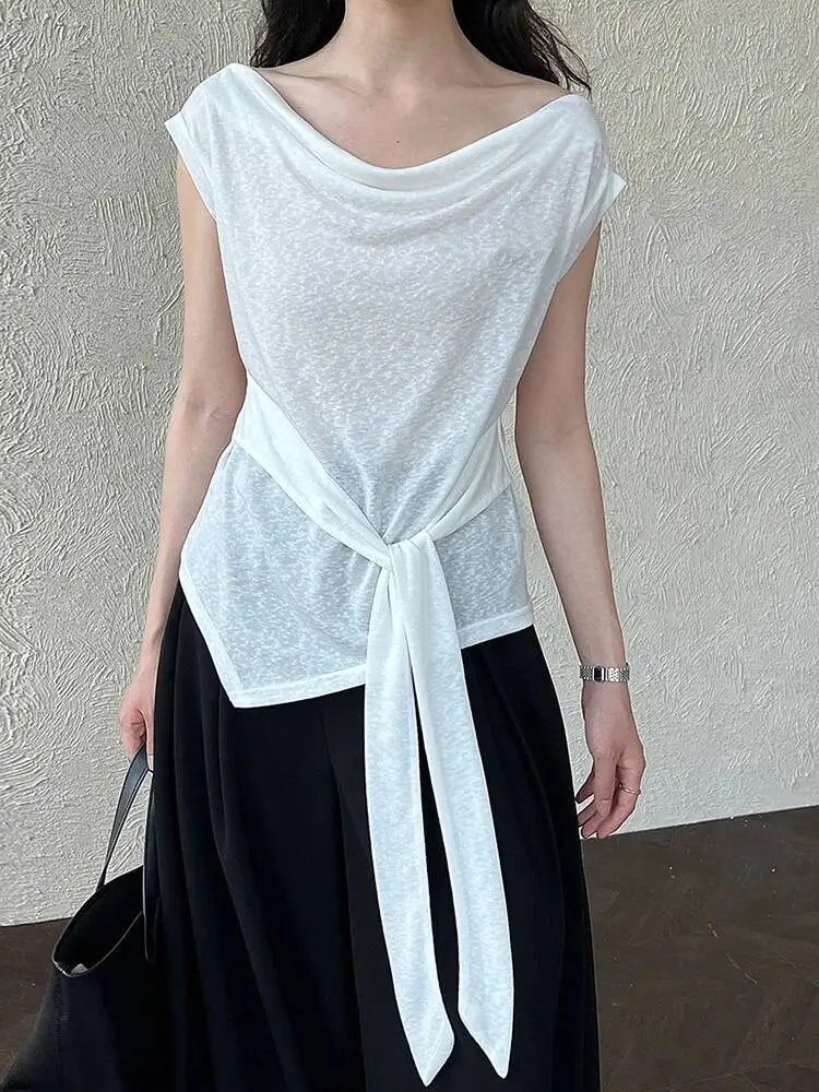 

Women White Thin Irregular Bandage Big Size T-shirt New Round Neck Short Sleeve Fashion Tide Spring Summer