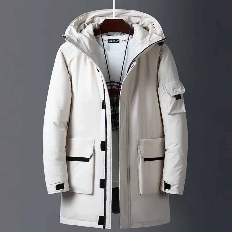 Chaquetas de invierno para hombre, chaquetas largas cálidas con capucha de pato blanco, Parka informal de otoño, abrigo esponjoso negro para hombre,