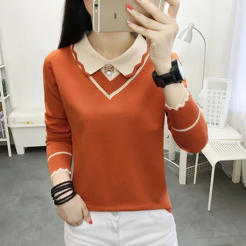 Women Autumn Winter Knitted Pullover Sweaters Lady Casual Long Sleeve Peter Pan Collar Pullover Tops WY1023