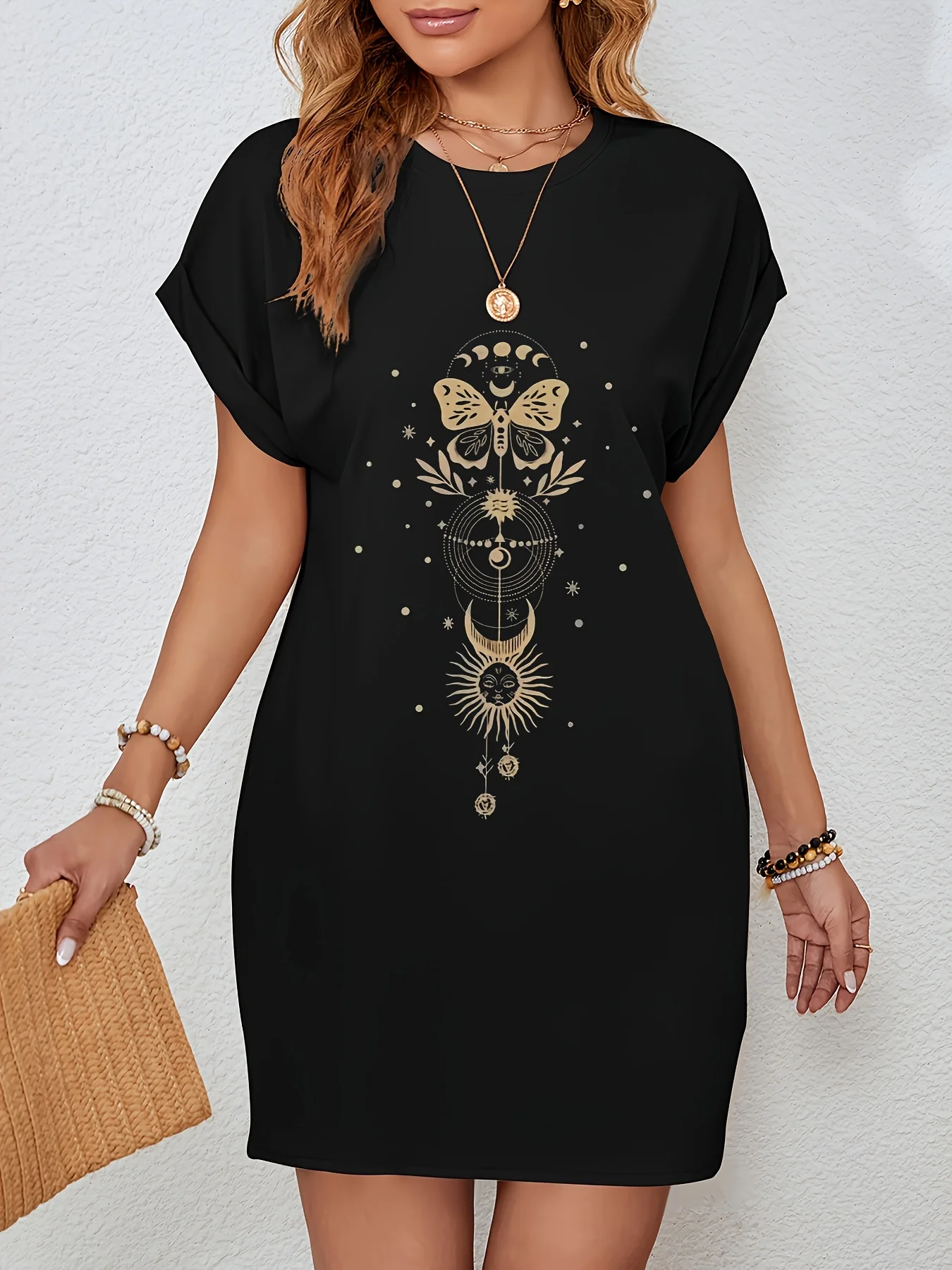 Robe t-shirt longue pour femmes, décontractée, lune, étoile, graphique, manches courtes, col rond, coupe ample, printemps et été