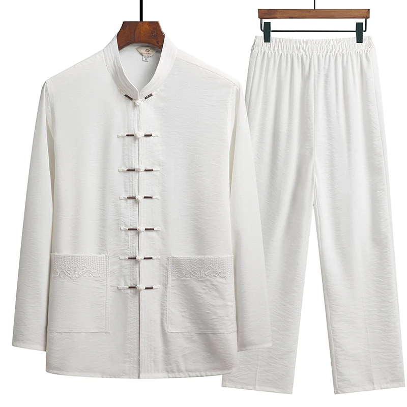 Chinese Style Cotton Linen Tang Suit Casual Spring Autumn Men\'s Long-sleeved Shirt Pants Two-pieces Fashion Men Sets