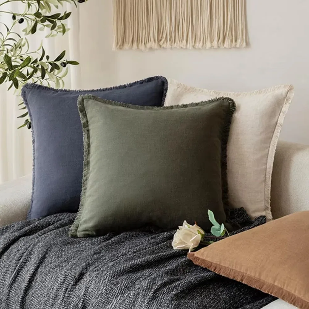 

Home Decor Cotton Bohemia Cushion Cover Solid Color Square Throw Pillow Cover Tassel Trim Washable Pillowcase Bedding