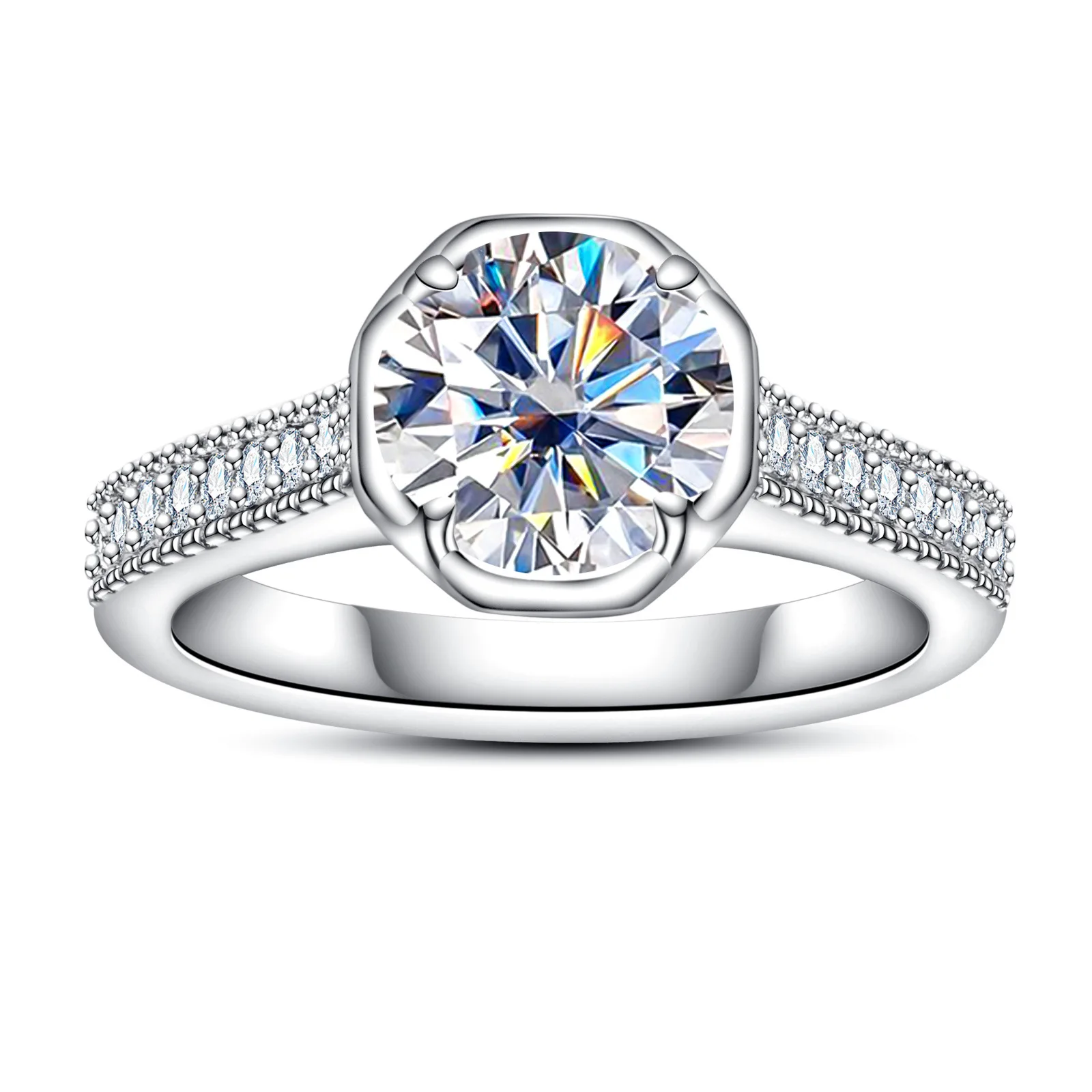 

Carnica 8mm 2CT Stone Real Moissanite Ring for Women 100% Copper Inlay Sparkling Wedding Band Jewelry GRA D Color Diamond Gift