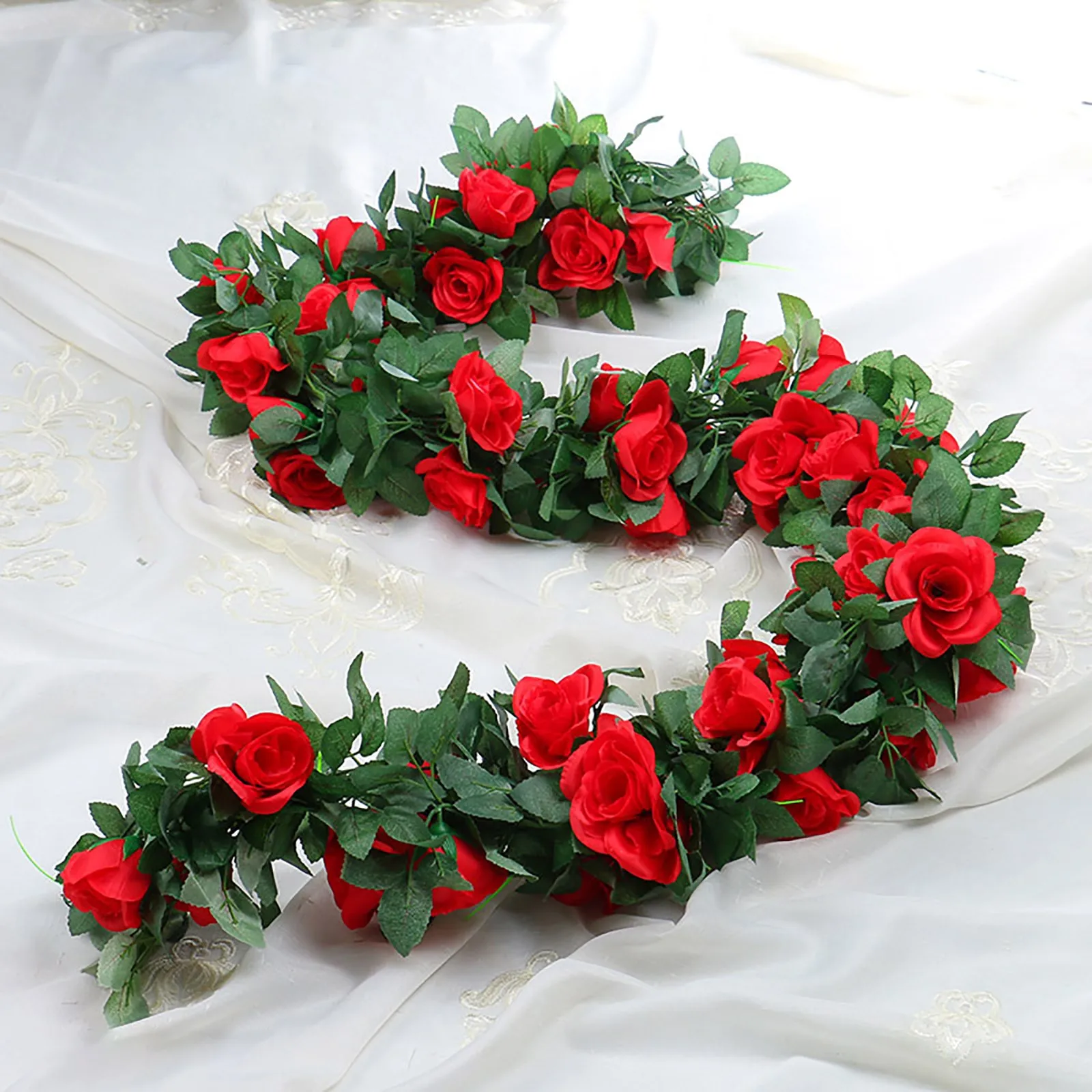 Artificial Rose Vine Realistic Faux Flowers Decorative Garland Lifelike Red Roses Plastic Vine  Indoor Outdoor Wall Decor
