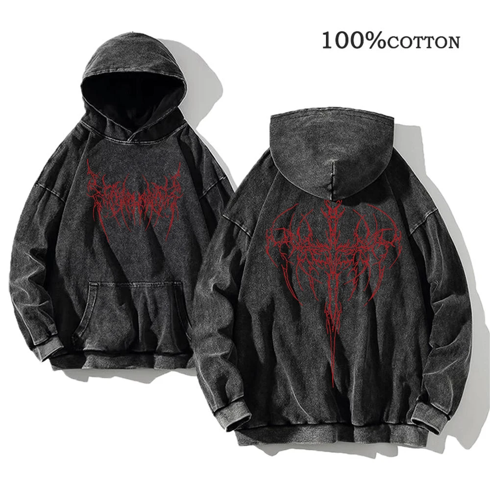 Herren Gothic Thorn Print Washed Hoodie – Lockerer Schnitt, 100% Baumwolle, Distressed-Stil, Streetwear für Herbst und Winter, Pendler-Outfit – Detail 2