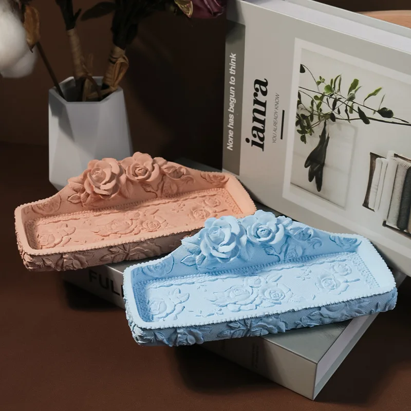 Rose Relief Gypsum Plaster Molds DIY Jewelry Storage Plate Concrete Cement Silicone Mold Fragrance Candle Cup Holder Resin Mould