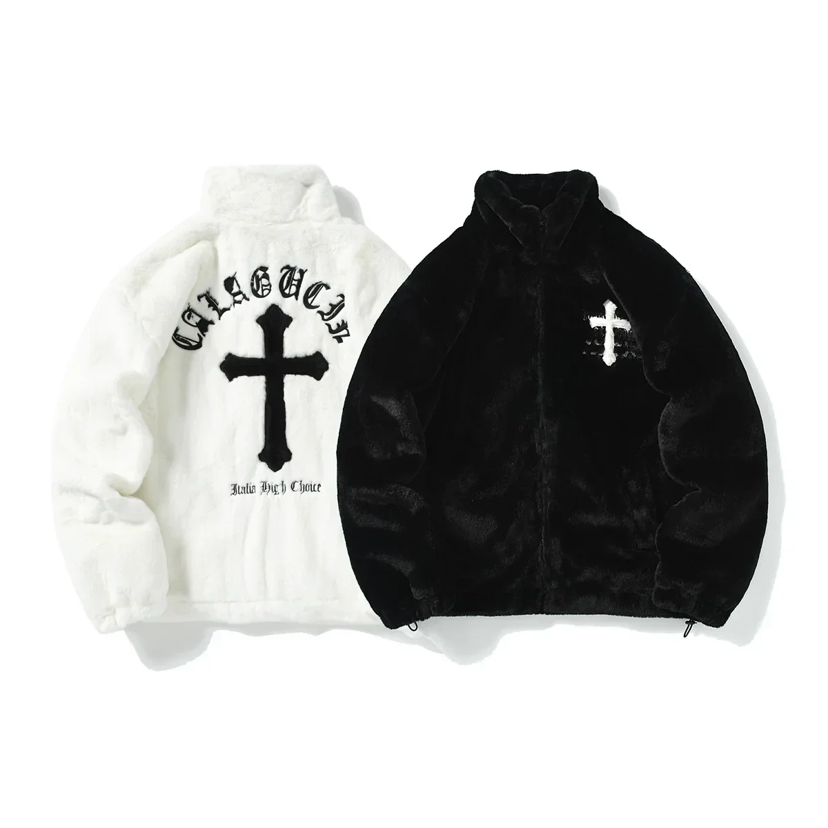

Men Rabbit Fur Jacket Coats Hip Hop Cross Letters Winter Fleece Jacket Streetwear Casual Harajuku Coat Zip Up Fashion Outerwear
